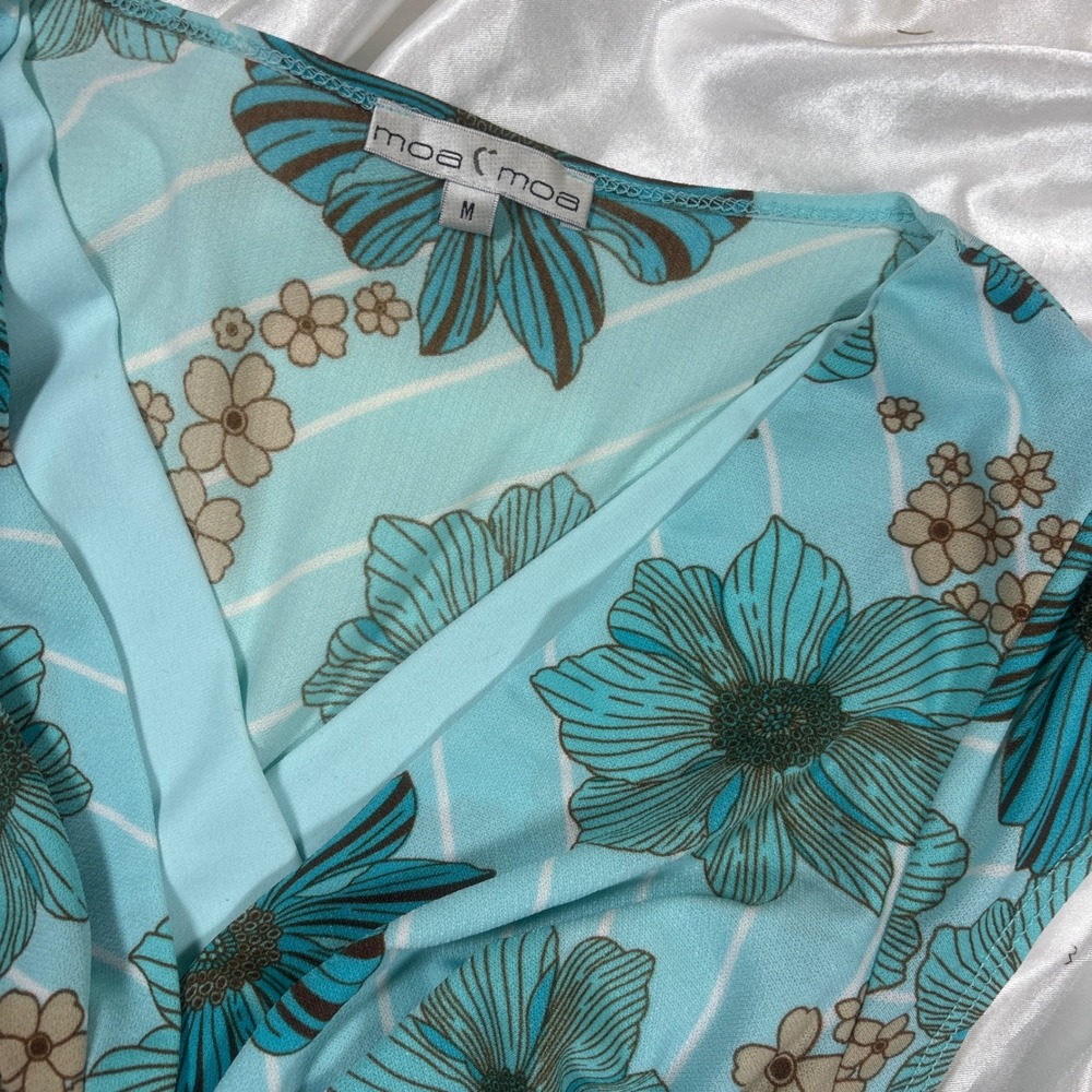 y2k Blouse Aqua Blue Excellent Moa Moa Floral Tie Waist Surplice Top M - Picture 4 of 5
